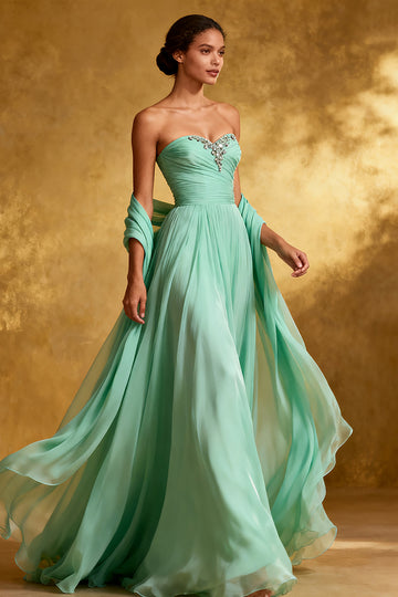 Chiffon Mint Green Strapless Pleated A Line Long Evening Dress